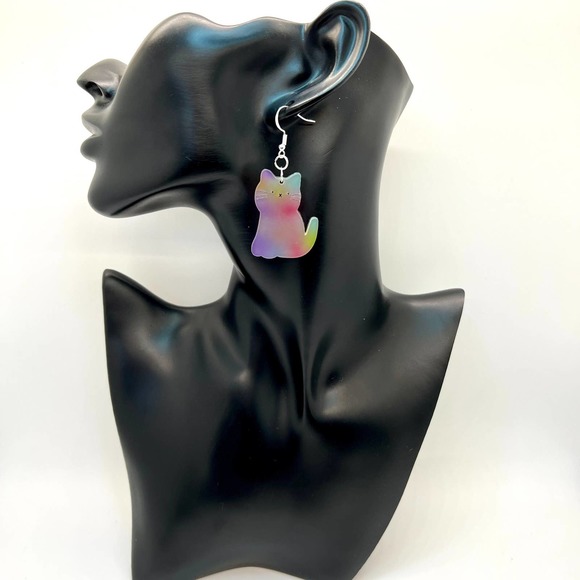 Tye Dye Kitty Cat Earrings - Pastel Earrings - Kitten Earrings - Picture 8 of 10